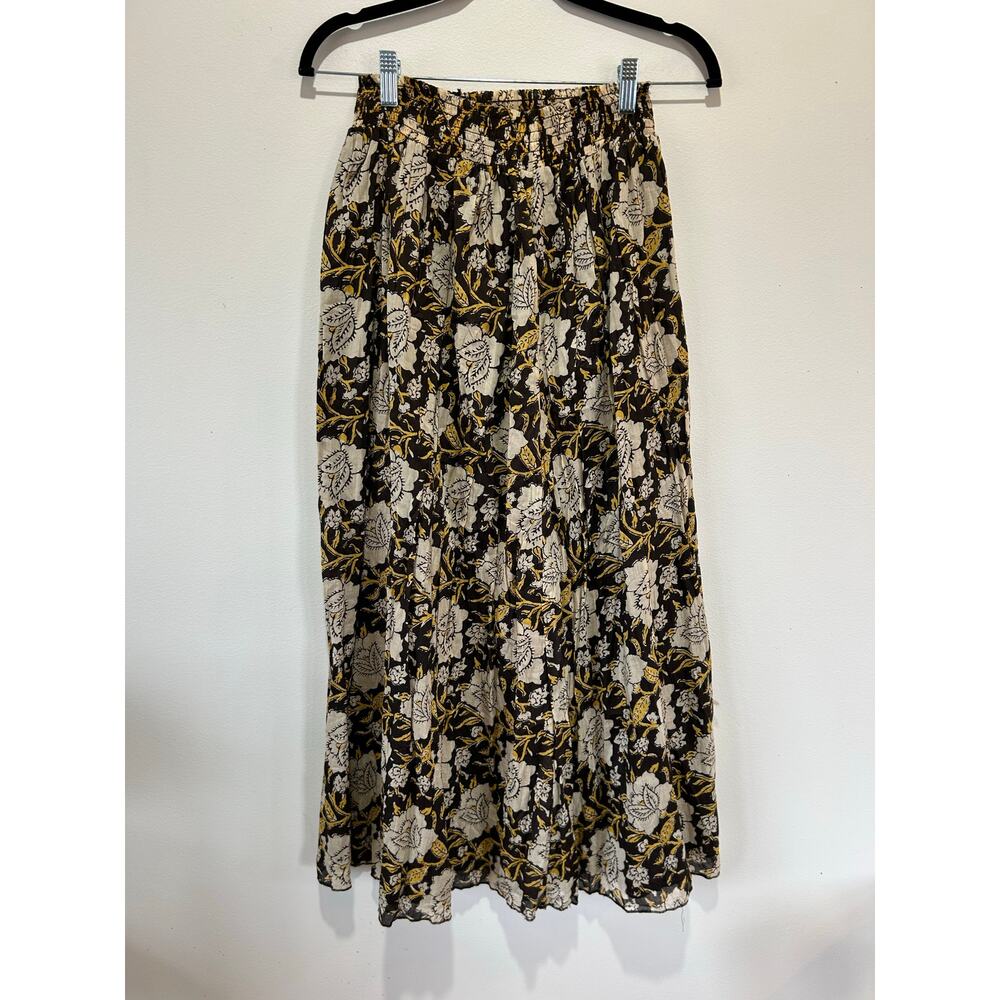 Natural Life brown yellow floral peasant maxi skirt S/M cotton lined pull on